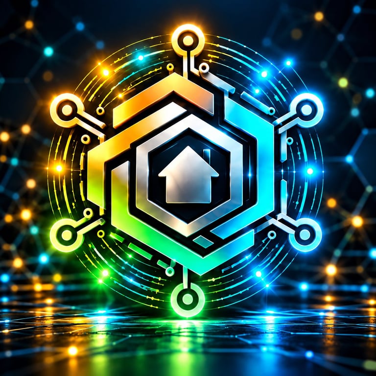 Glowing digital home icon with circuit board connections and neon blue, green, and yellow lights on dark background