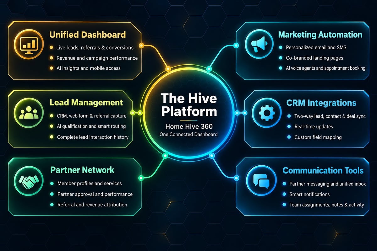 The Hive Platform dashboard showing six interconnected modules: Unified Dashboard, Lead Management, Partner Network, Marketing Automation, CRM Integrations, and Communication Tools
