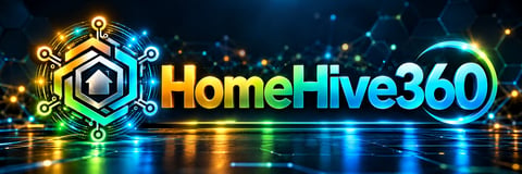 HomeHive360 logo featuring a hexagonal tech symbol with glowing circuits and digital elements on a dark blue background with light effects