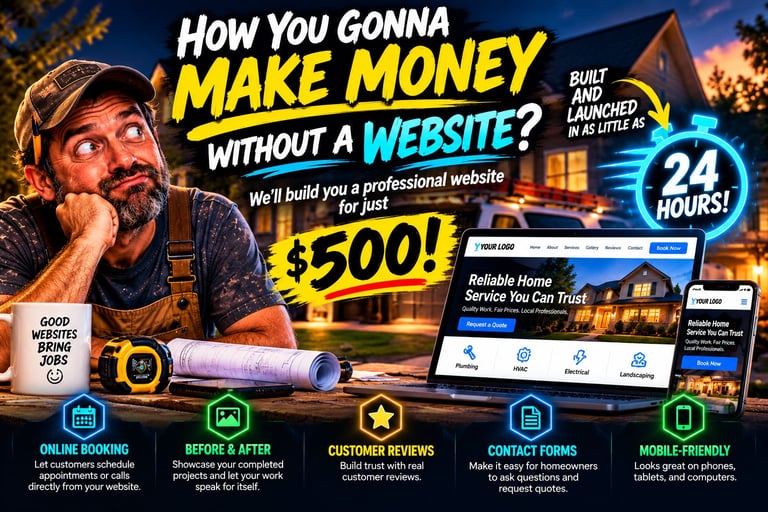 Marketing ad featuring bearded man at desk promoting website building service for $500, with house image and icons for online booking, customer reviews, and mobile-friendly features.
