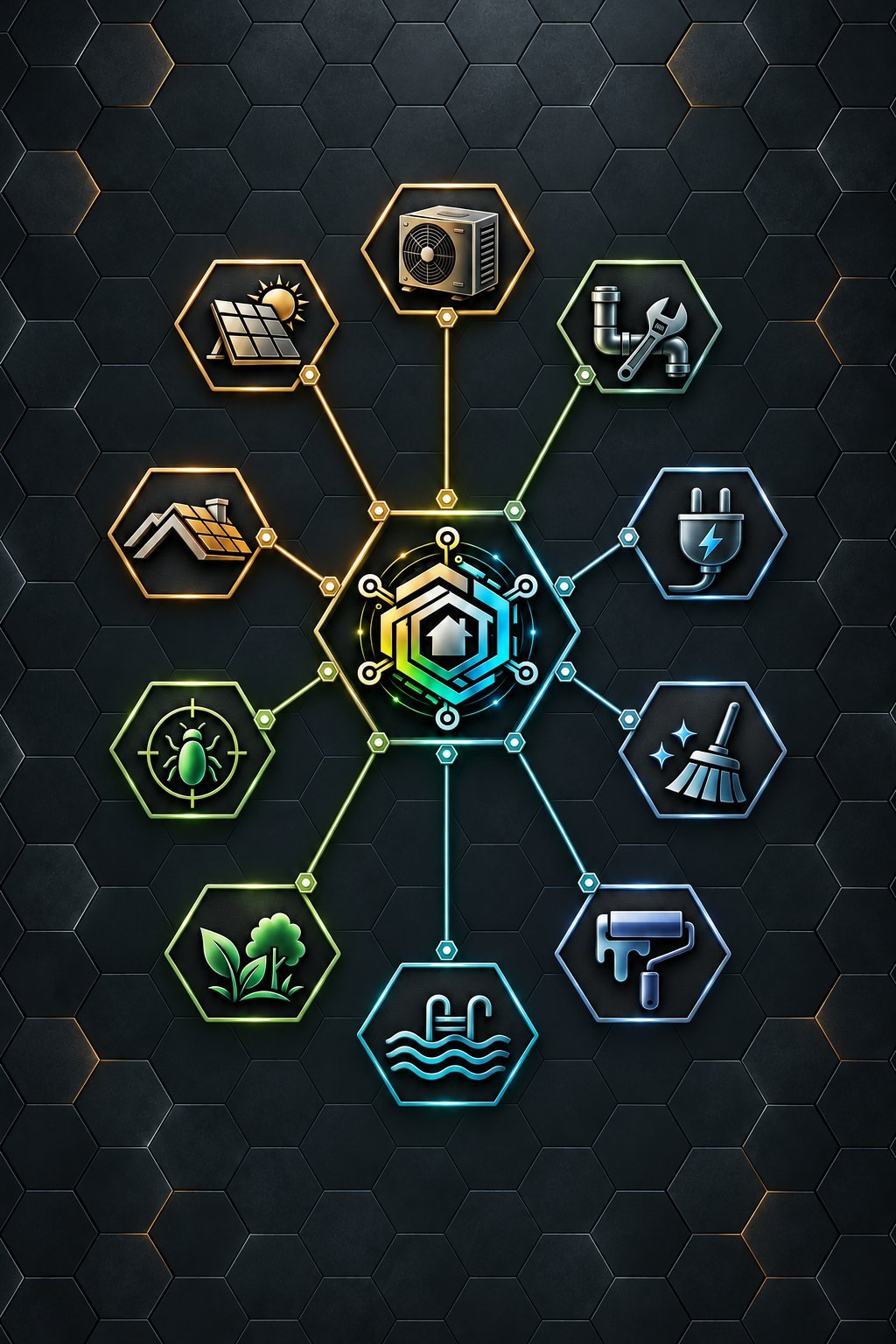 Hexagonal network diagram showing sustainable energy and home automation icons connected by colored lines on dark hexagonal background