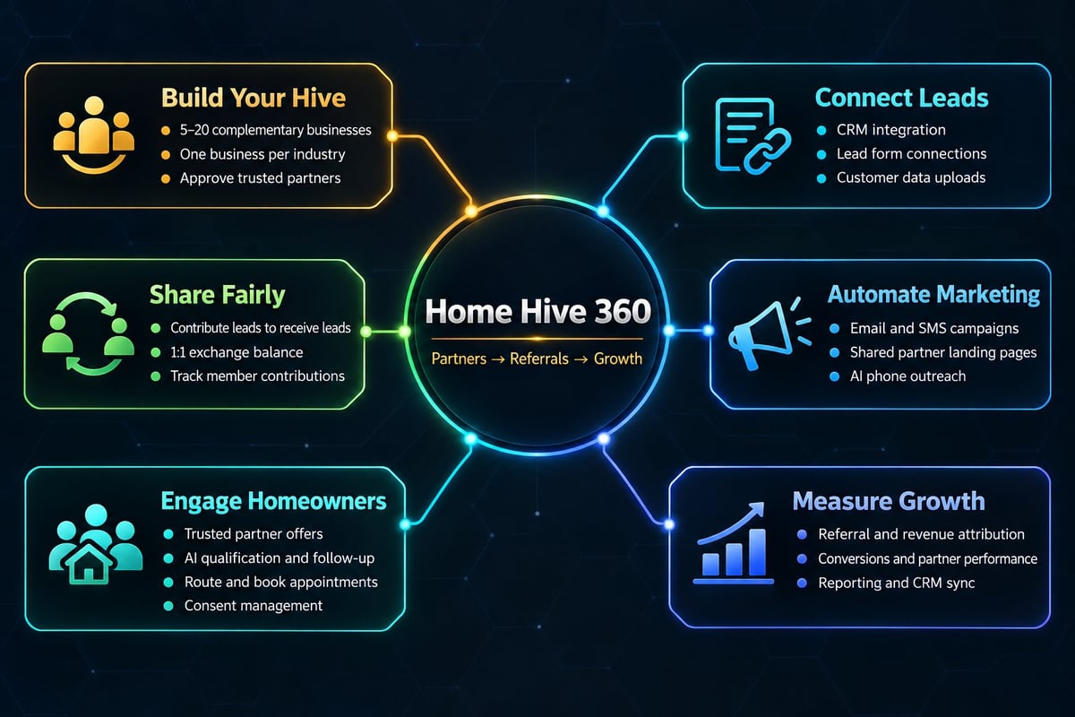 Home Hive 360 platform diagram showing six key features: Build Your Hive, Connect Leads, Automate Marketing, Measure Growth, Engage Homeowners, and Share Fairly